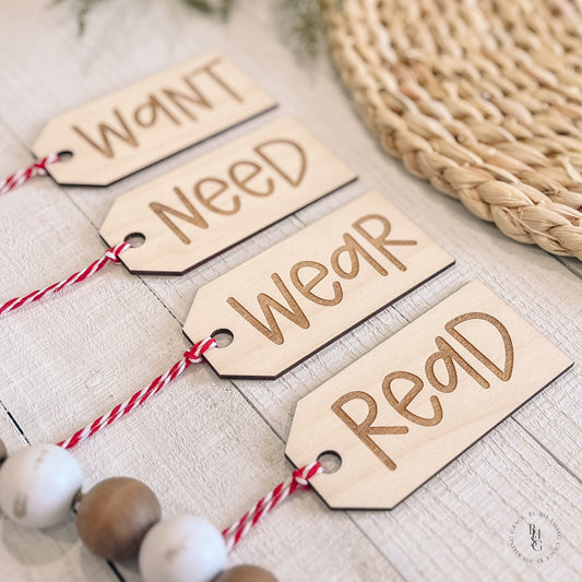 Set of Four Want, Need, Wear, and Read Christmas Gift Tags