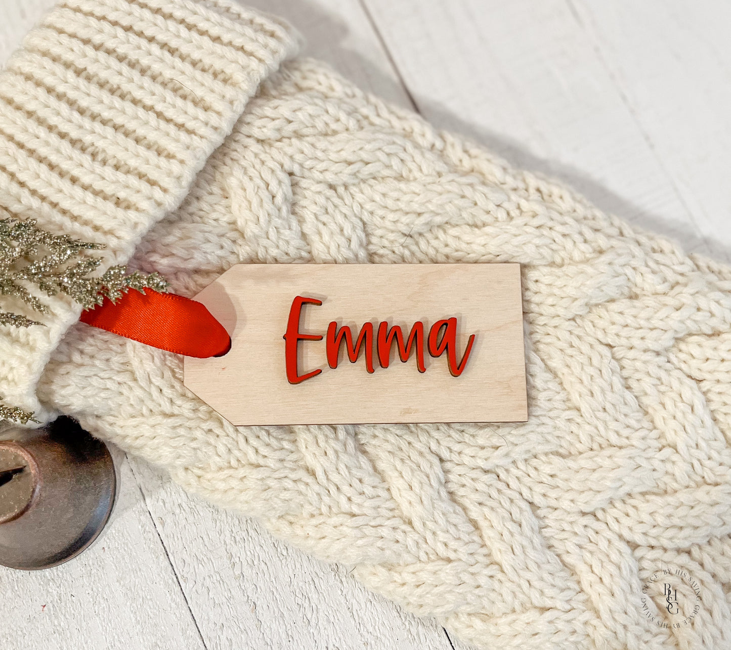 Personalized Wooden Stocking Tags or Gift Tags With Red 3D Name