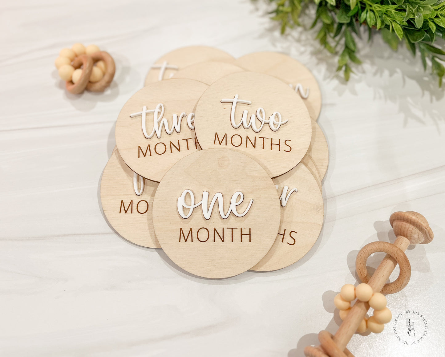 3D Wooden Monthly Milestone Discs For Baby Photos with White Acrylic Month