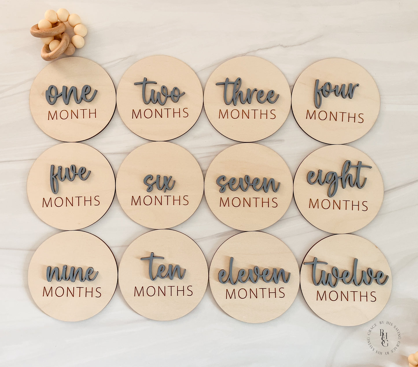 3D Wooden Monthly Milestone Discs For Baby Photos with Slate Blue Acrylic Month