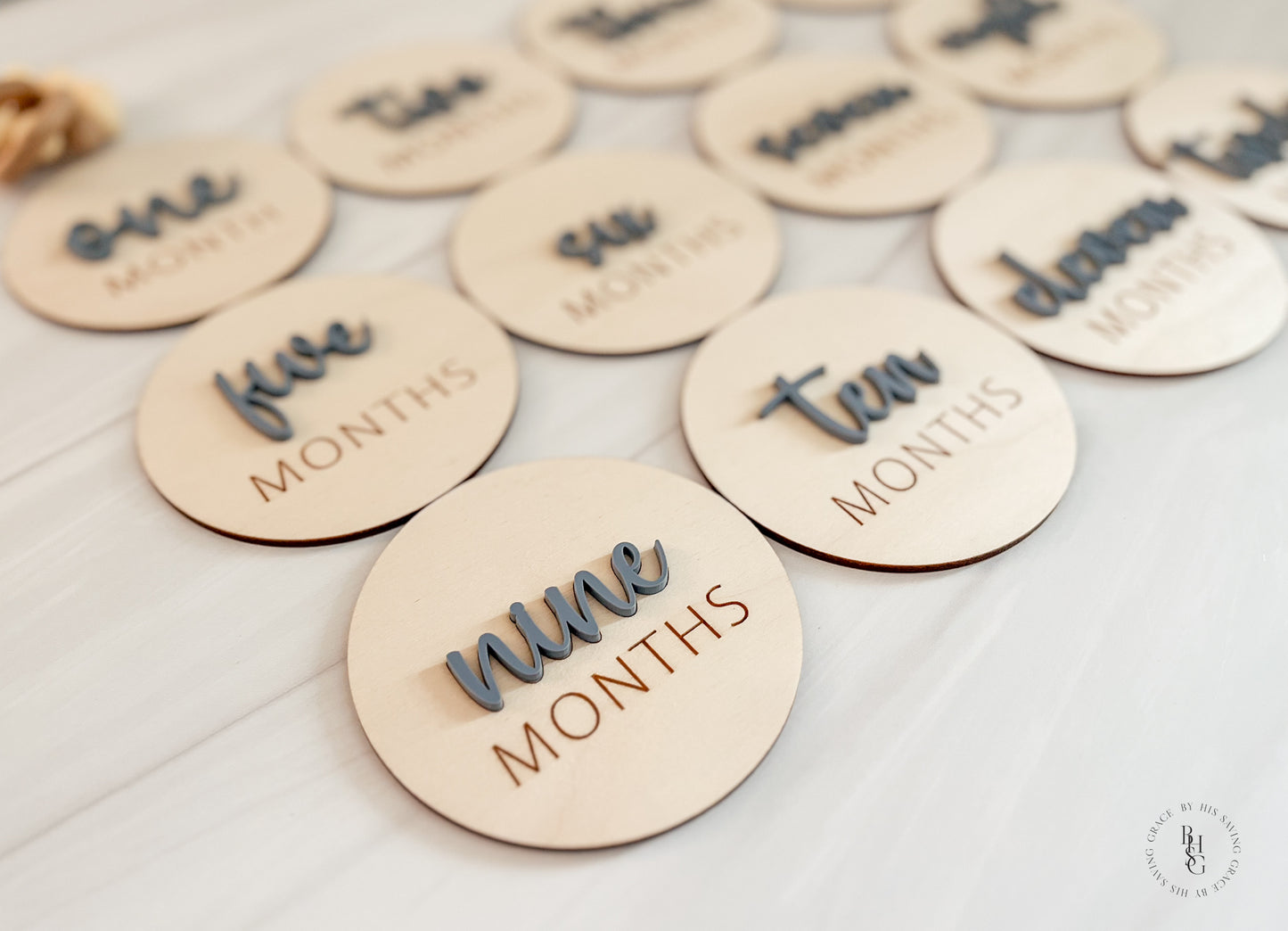 3D Wooden Monthly Milestone Discs For Baby Photos with Slate Blue Acrylic Month