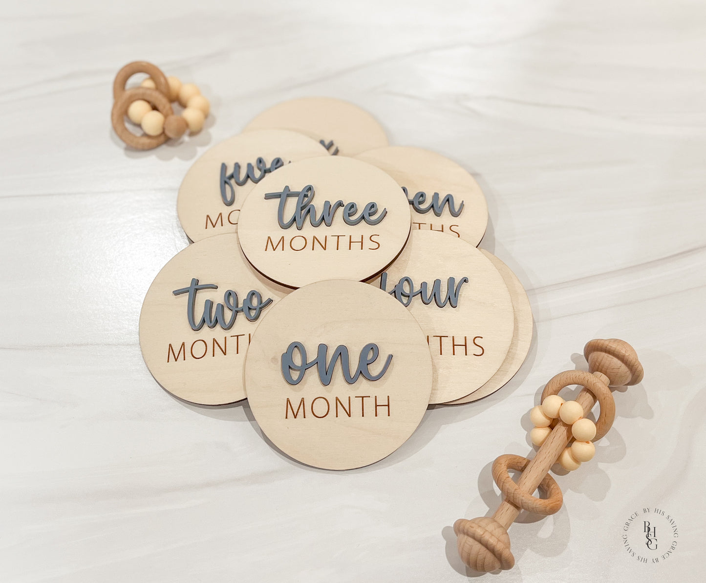 3D Wooden Monthly Milestone Discs For Baby Photos with Slate Blue Acrylic Month