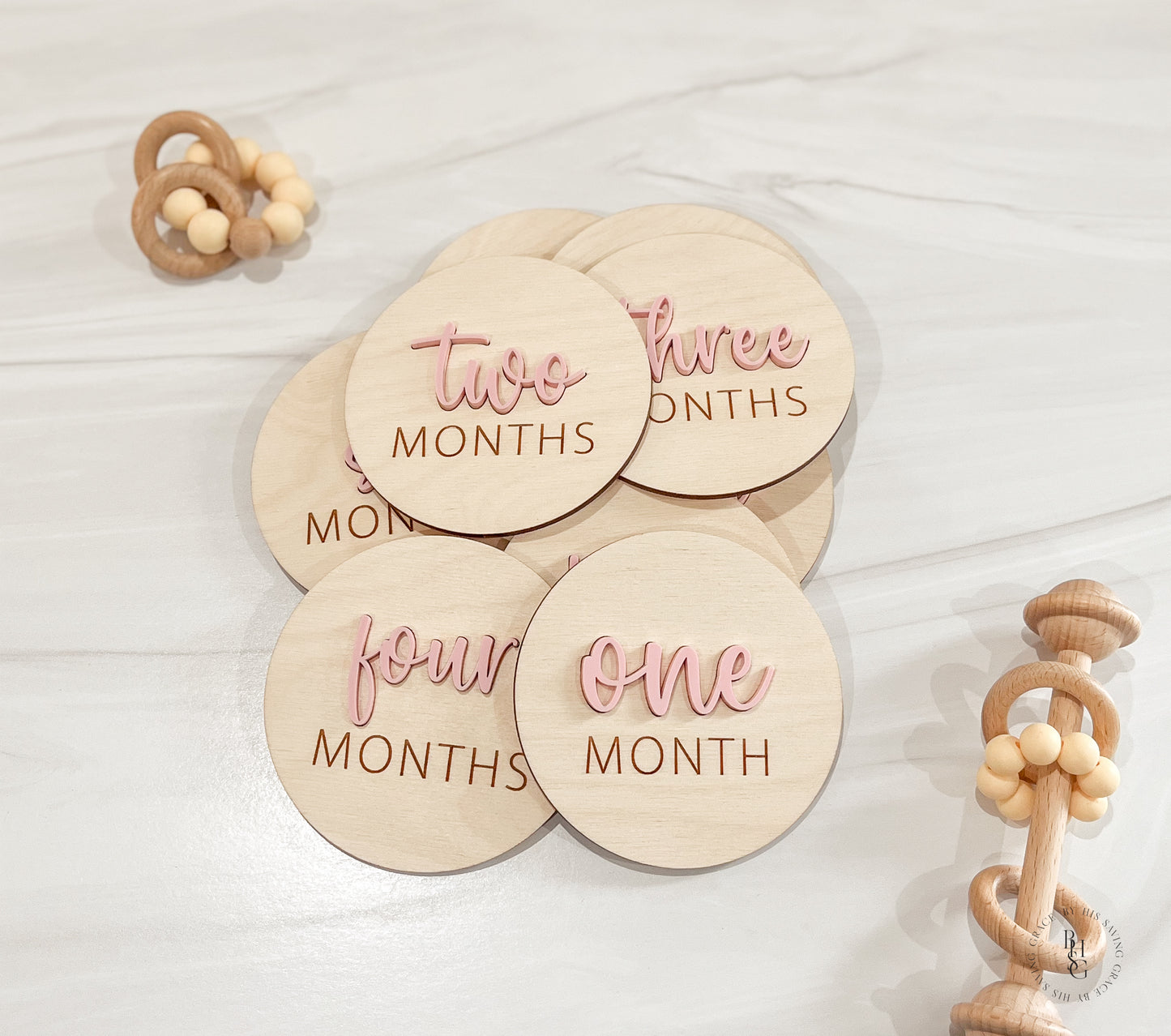3D Wooden Monthly Milestone Discs For Baby Photos with Light Pink Acrylic Month