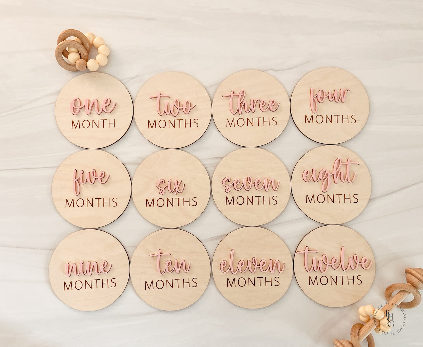 3D Wooden Monthly Milestone Discs For Baby Photos with Light Pink Acrylic Month