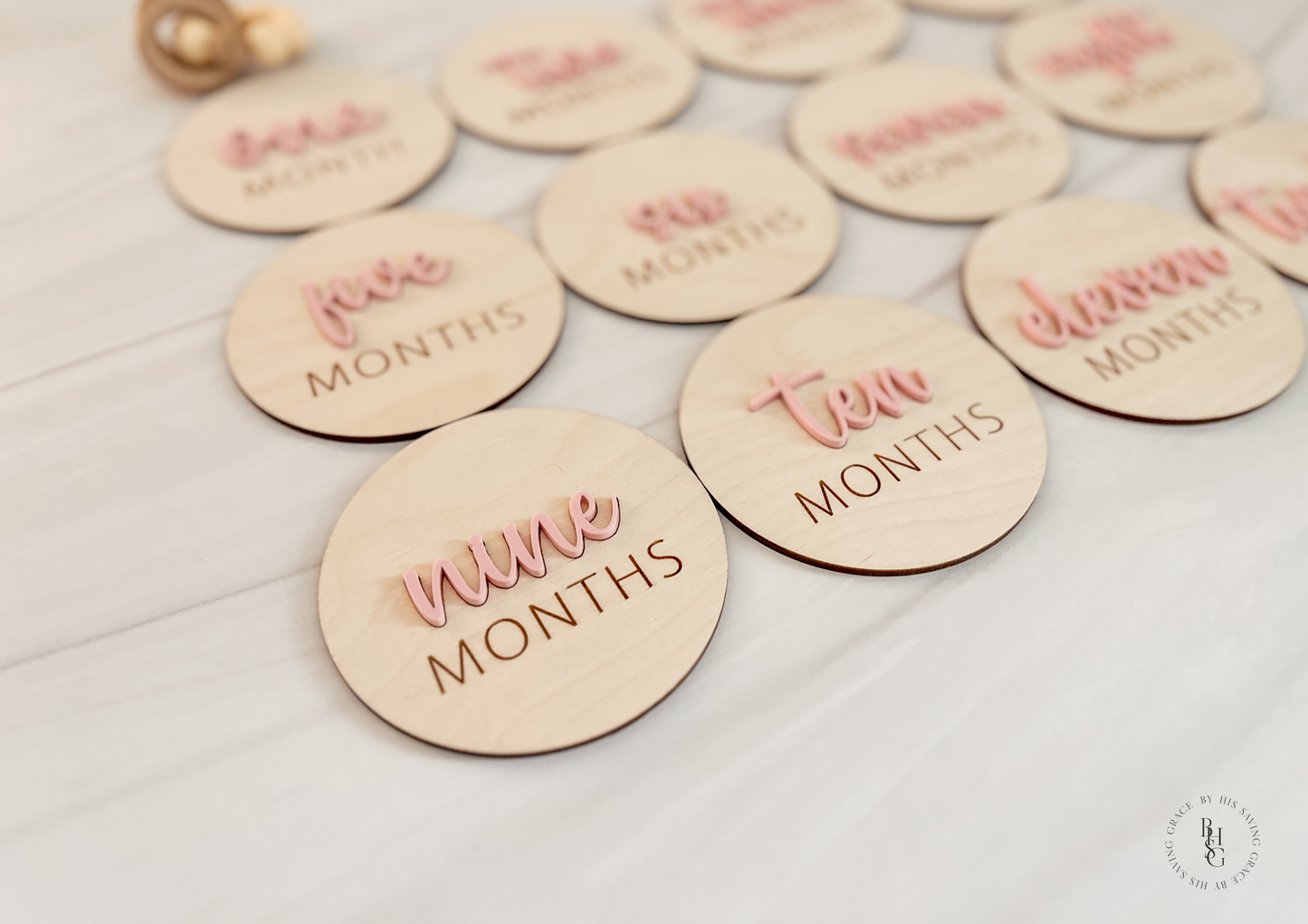 3D Wooden Monthly Milestone Discs For Baby Photos with Light Pink Acrylic Month