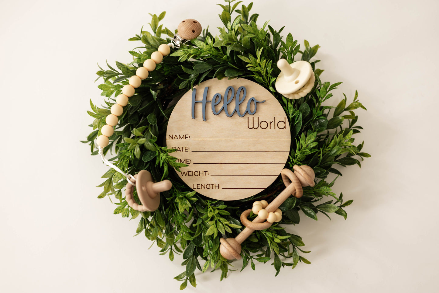 Wooden Hello World Baby Announcement Sign With Birth Stats and Acrylic Hello