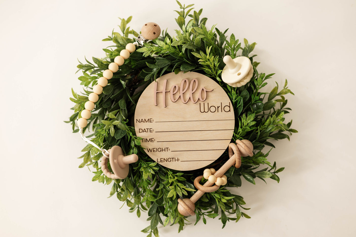 Wooden Hello World Baby Announcement Sign With Birth Stats and Acrylic Hello