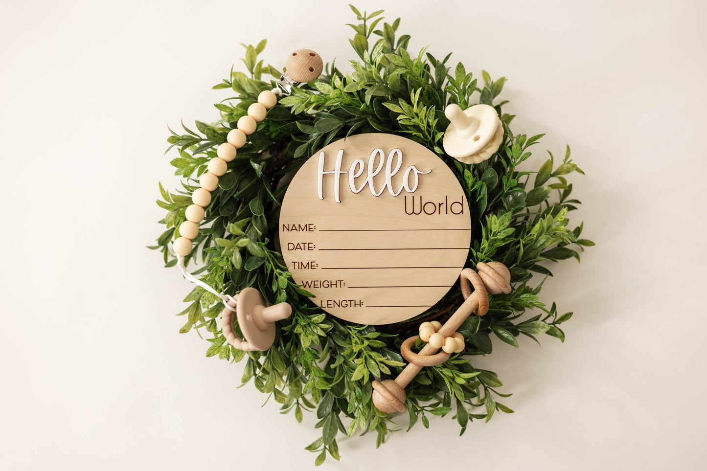 Wooden Hello World Baby Announcement Sign With Birth Stats and Acrylic Hello