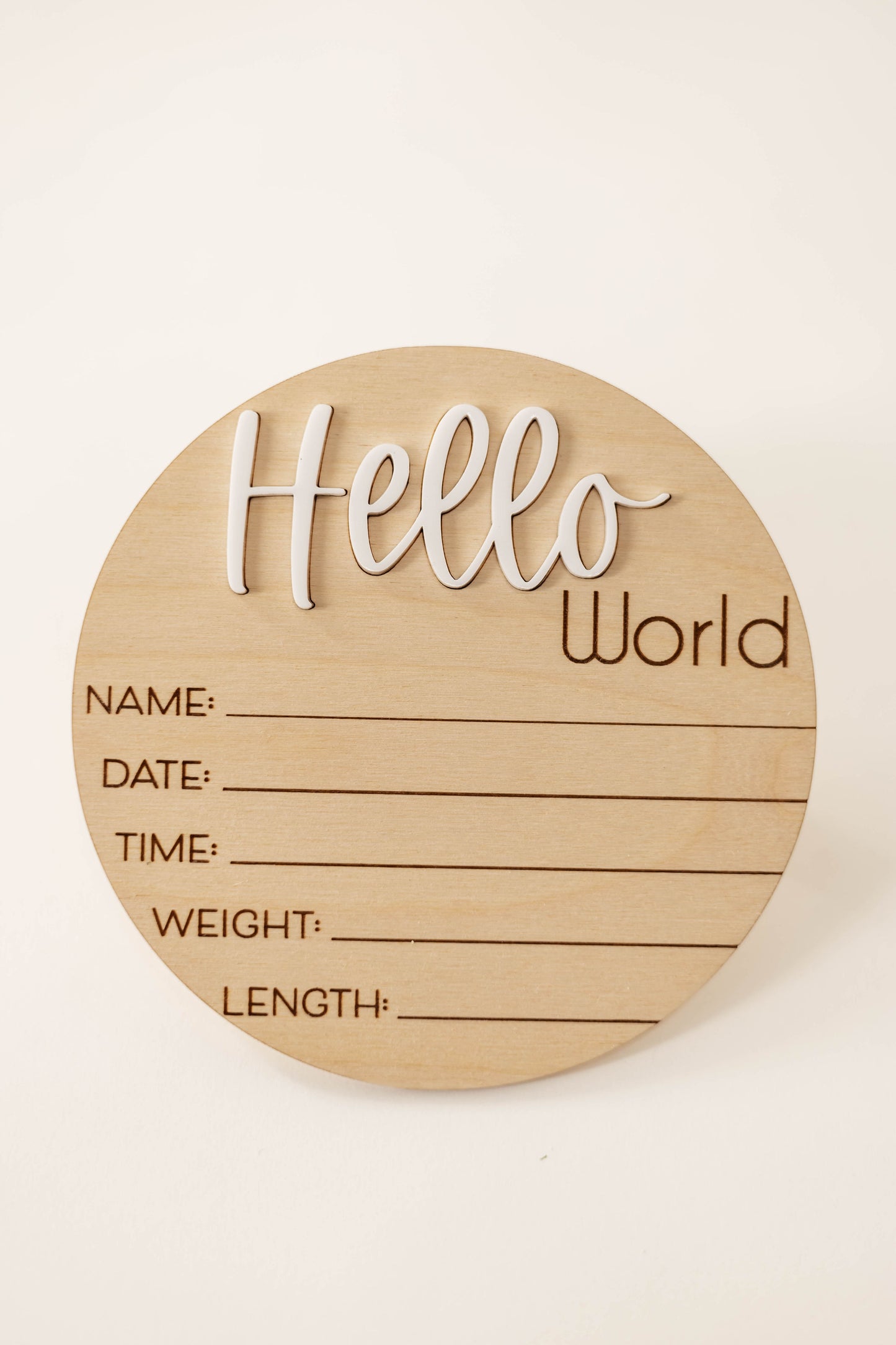 Wooden Hello World Baby Announcement Sign With Birth Stats and Acrylic Hello