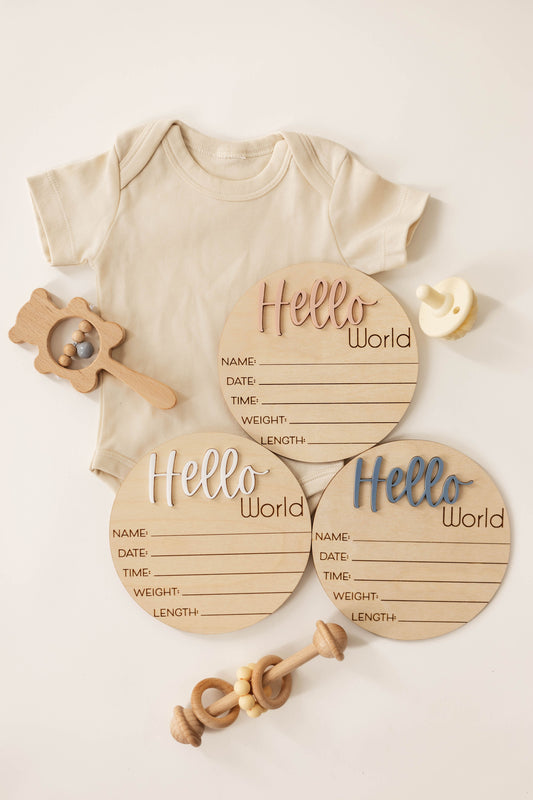 Wooden Hello World Baby Announcement Sign With Birth Stats and Acrylic Hello