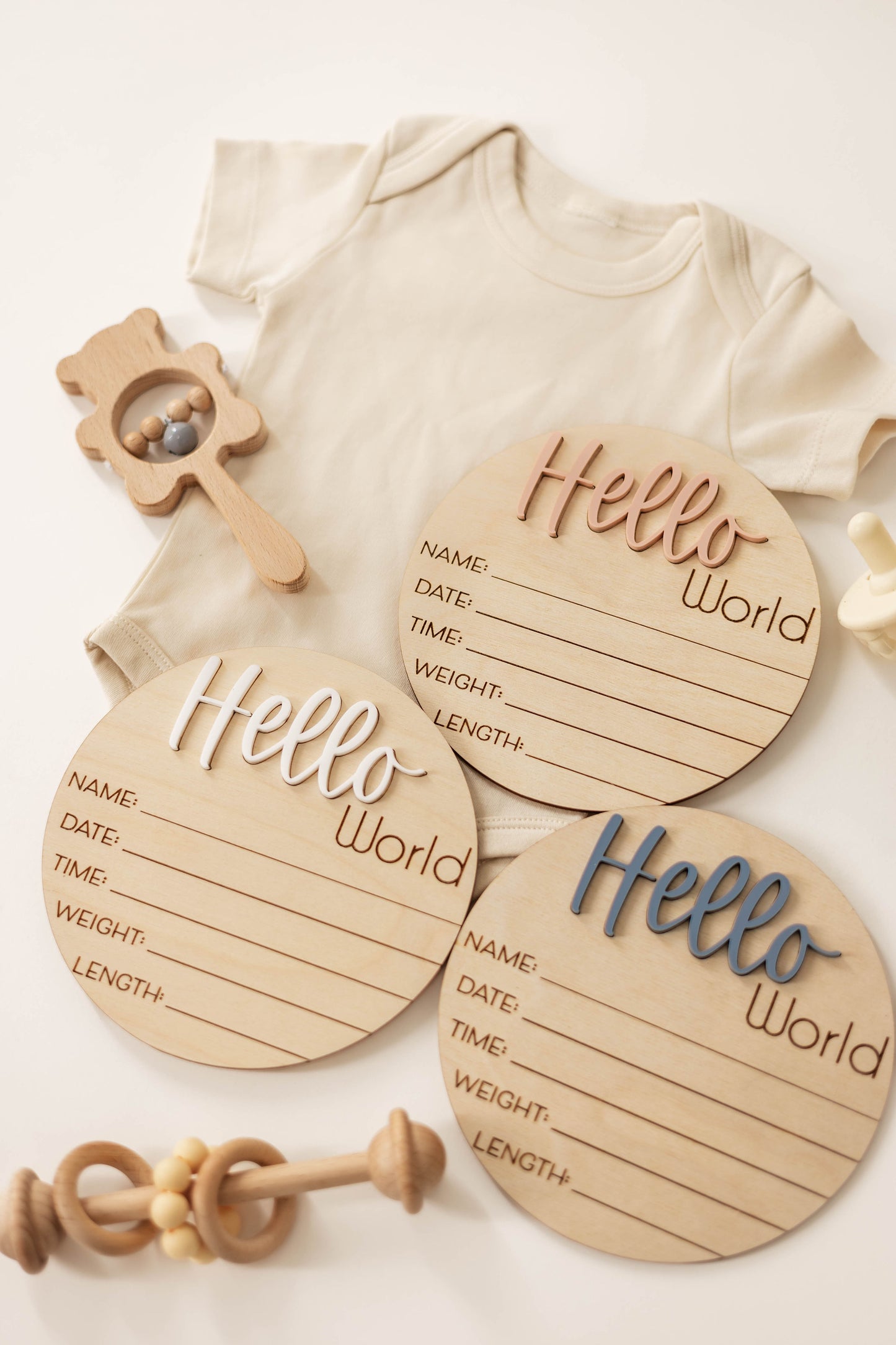 Wooden Hello World Baby Announcement Sign With Birth Stats and Acrylic Hello