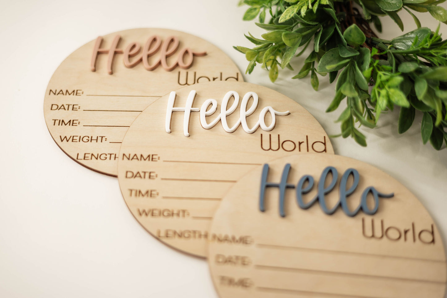 Wooden Hello World Baby Announcement Sign With Birth Stats and Acrylic Hello