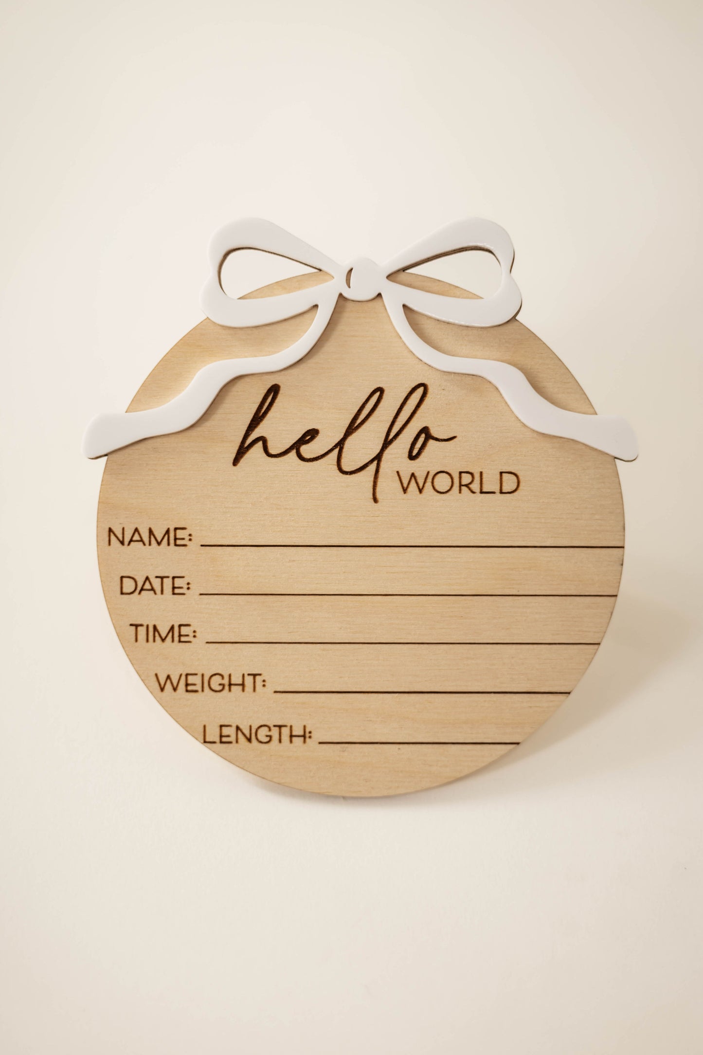 Wooden Hello World Baby Announcement Sign With Birth Stats and Acrylic Bow