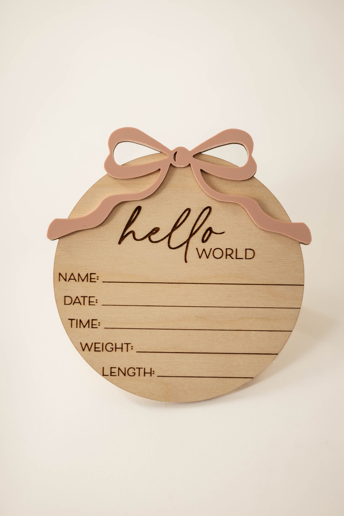 Wooden Hello World Baby Announcement Sign With Birth Stats and Acrylic Bow