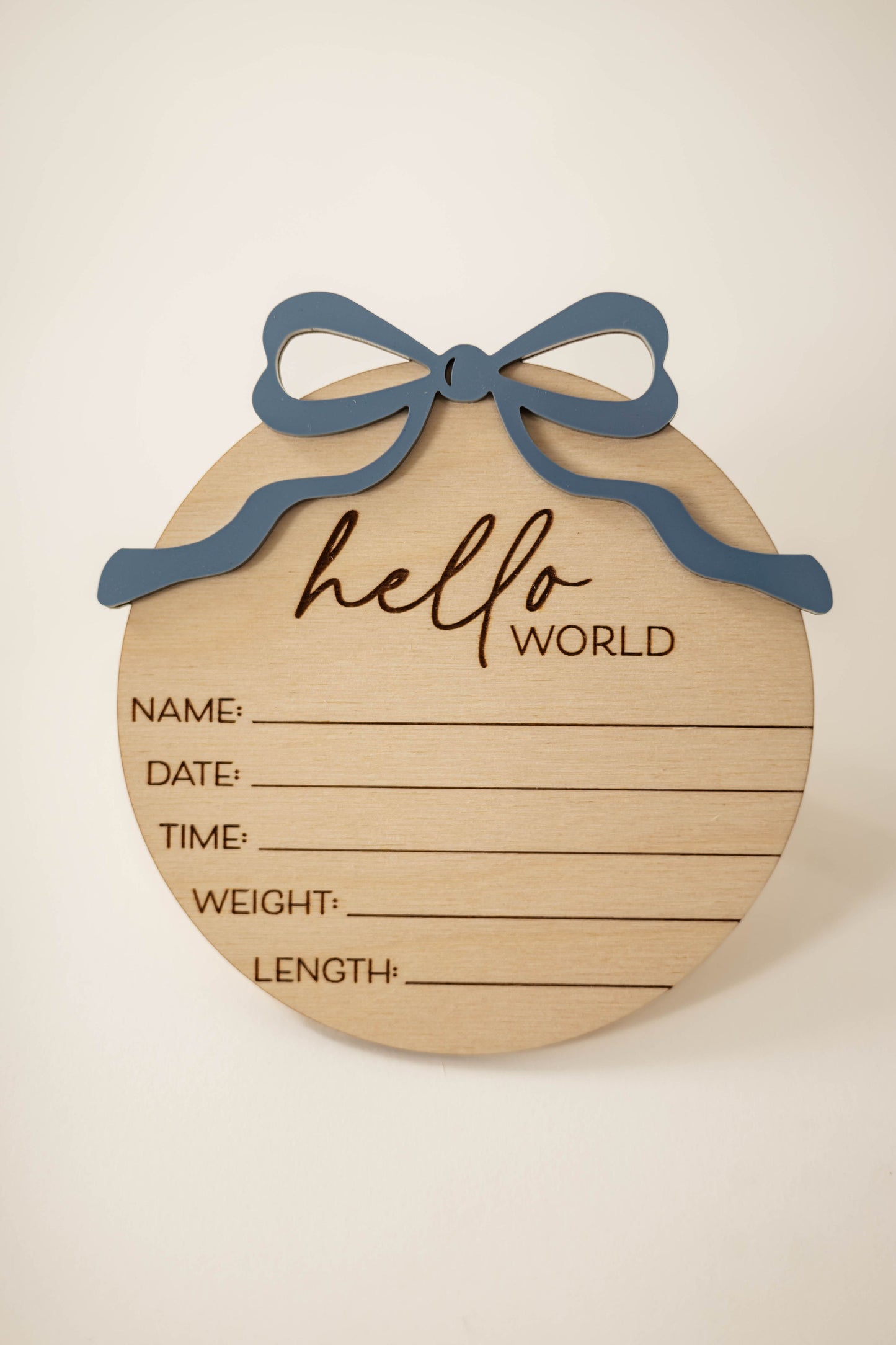 Wooden Hello World Baby Announcement Sign With Birth Stats and Acrylic Bow
