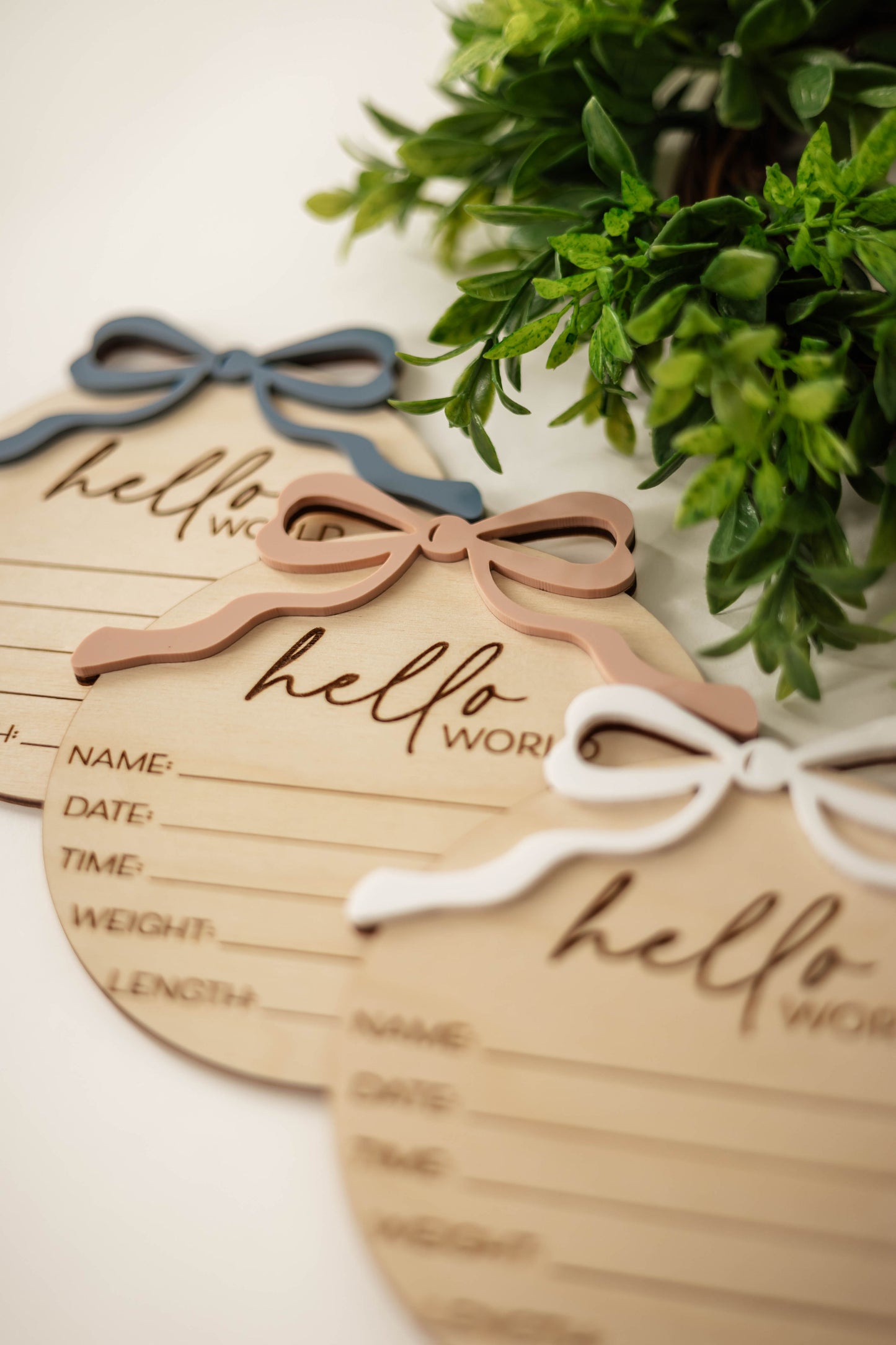 Wooden Hello World Baby Announcement Sign With Birth Stats and Acrylic Bow