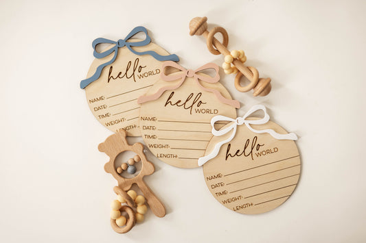 Wooden Hello World Baby Announcement Sign With Birth Stats and Acrylic Bow