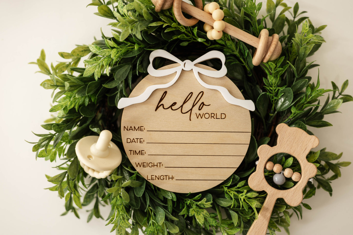 Wooden Hello World Baby Announcement Sign With Birth Stats and Acrylic Bow