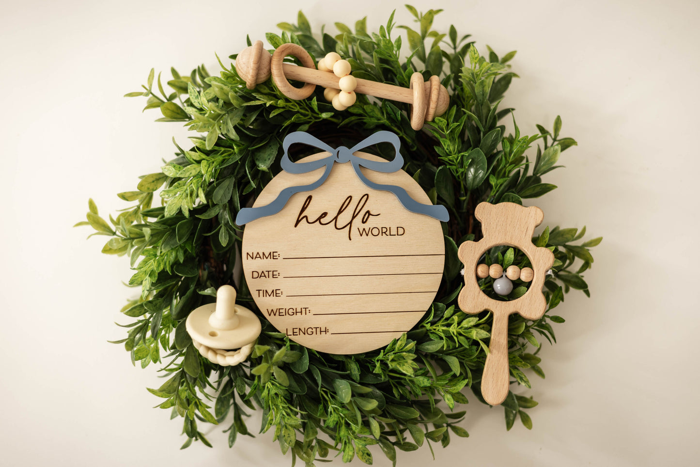 Wooden Hello World Baby Announcement Sign With Birth Stats and Acrylic Bow