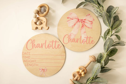 Wooden Bow Baby Announcement Sign With Birth Stats With Matching Nameplate