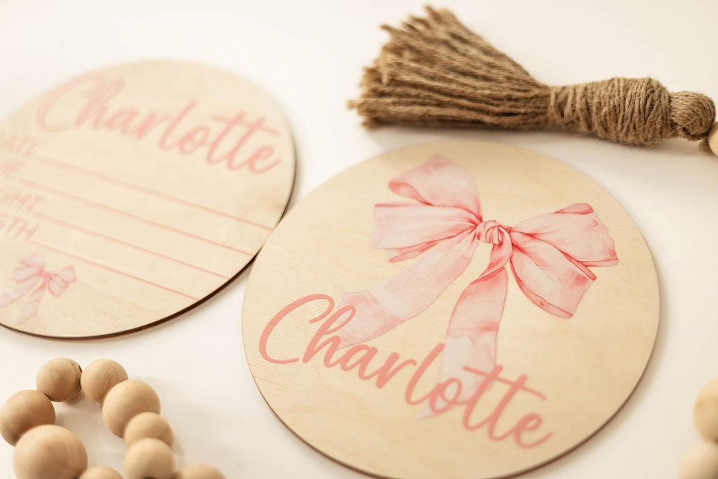 Wooden Bow Baby Announcement Sign With Birth Stats With Matching Nameplate