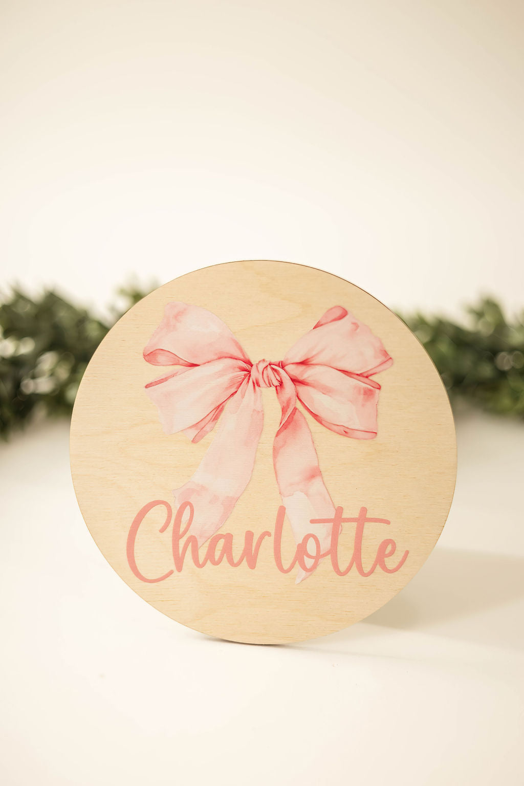 Wooden Bow Baby Announcement Sign With Birth Stats With Matching Nameplate