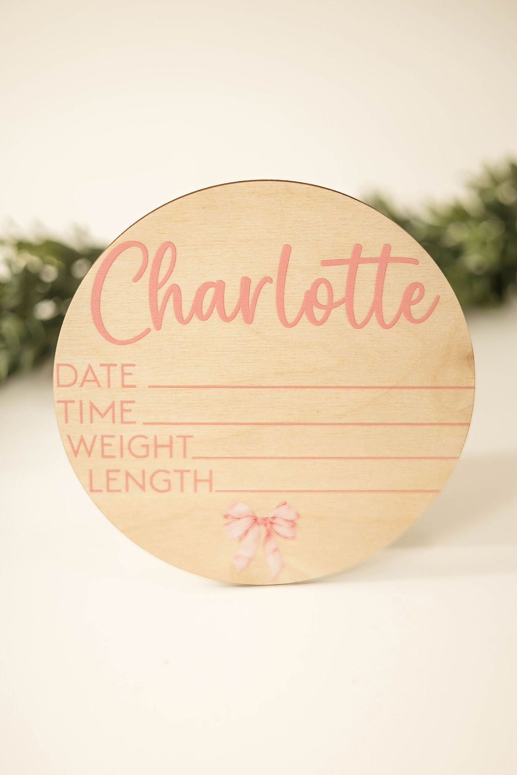 Wooden Bow Baby Announcement Sign With Birth Stats With Matching Nameplate