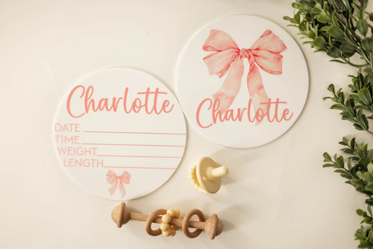 Acrylic Bow Baby Announcement Sign With Birth Stats With Matching Name Plate