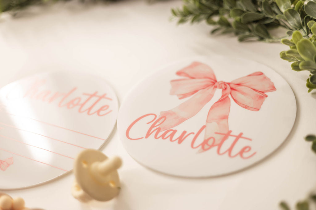 Acrylic Bow Baby Announcement Sign With Birth Stats With Matching Name Plate