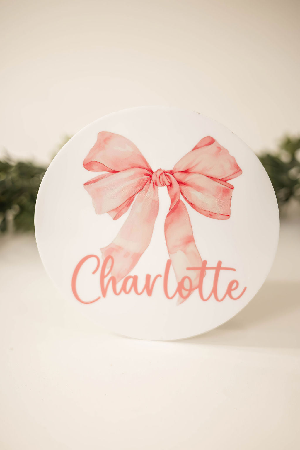 Acrylic Bow Baby Announcement Sign With Birth Stats With Matching Name Plate