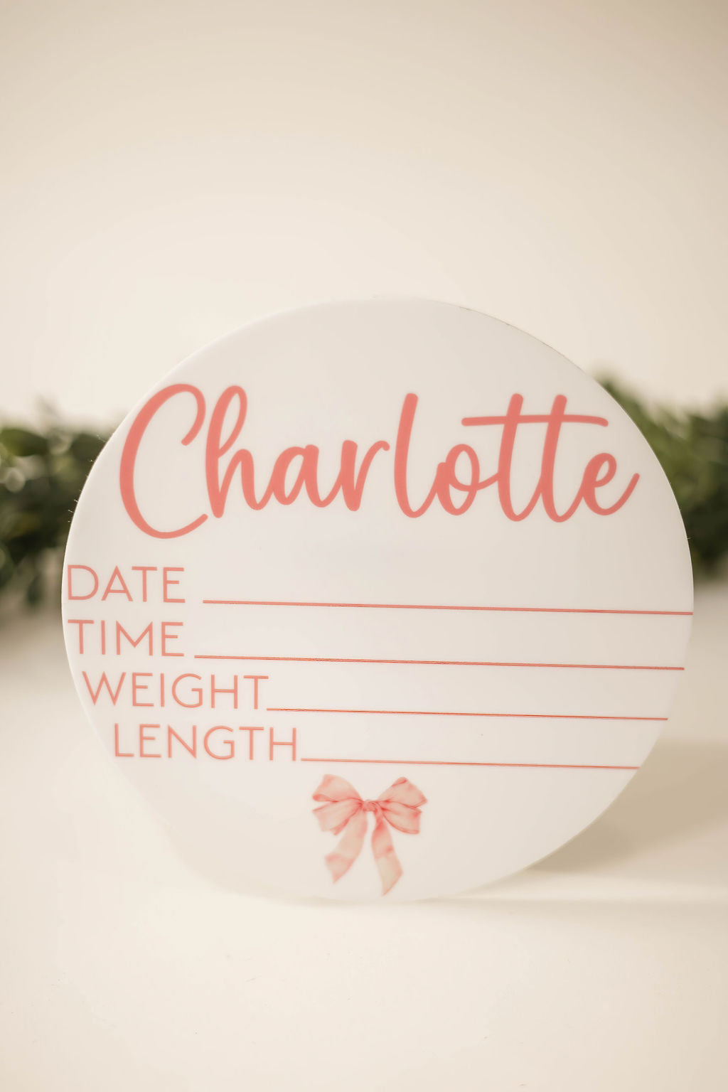 Acrylic Bow Baby Announcement Sign With Birth Stats With Matching Name Plate