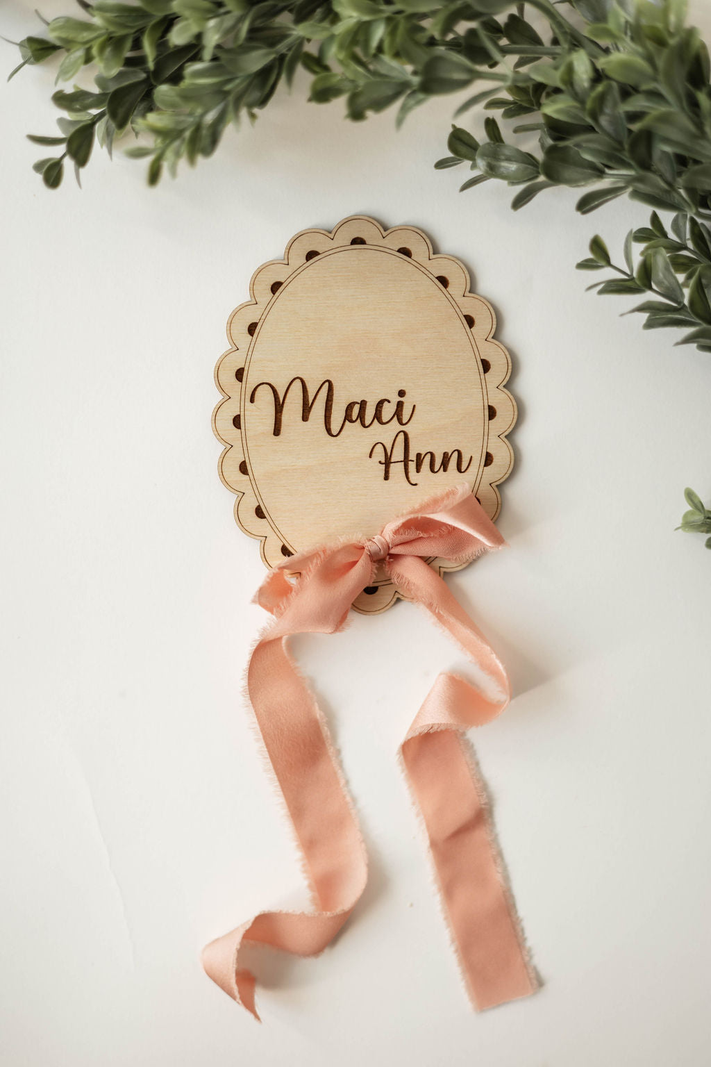 Wooden Scalloped Oval Birth Announcement Stat Sign & Nameplate With Bow