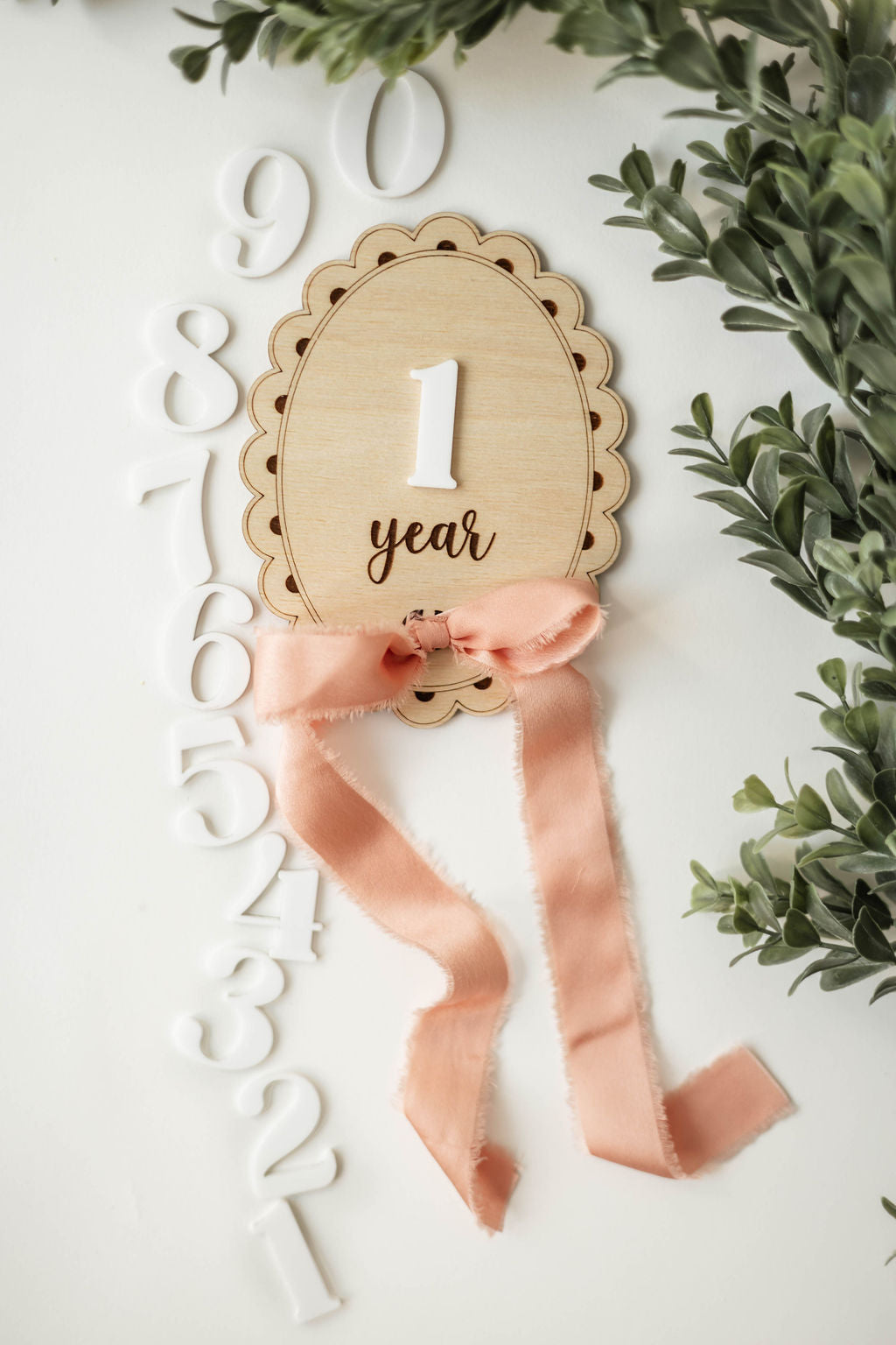 Interchangeable Wooden Scalloped Oval Monthly Milestone Markers With Bow