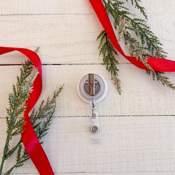 Festive Christmas Patterned Badge Reel with Glitter Green Christmas Tree