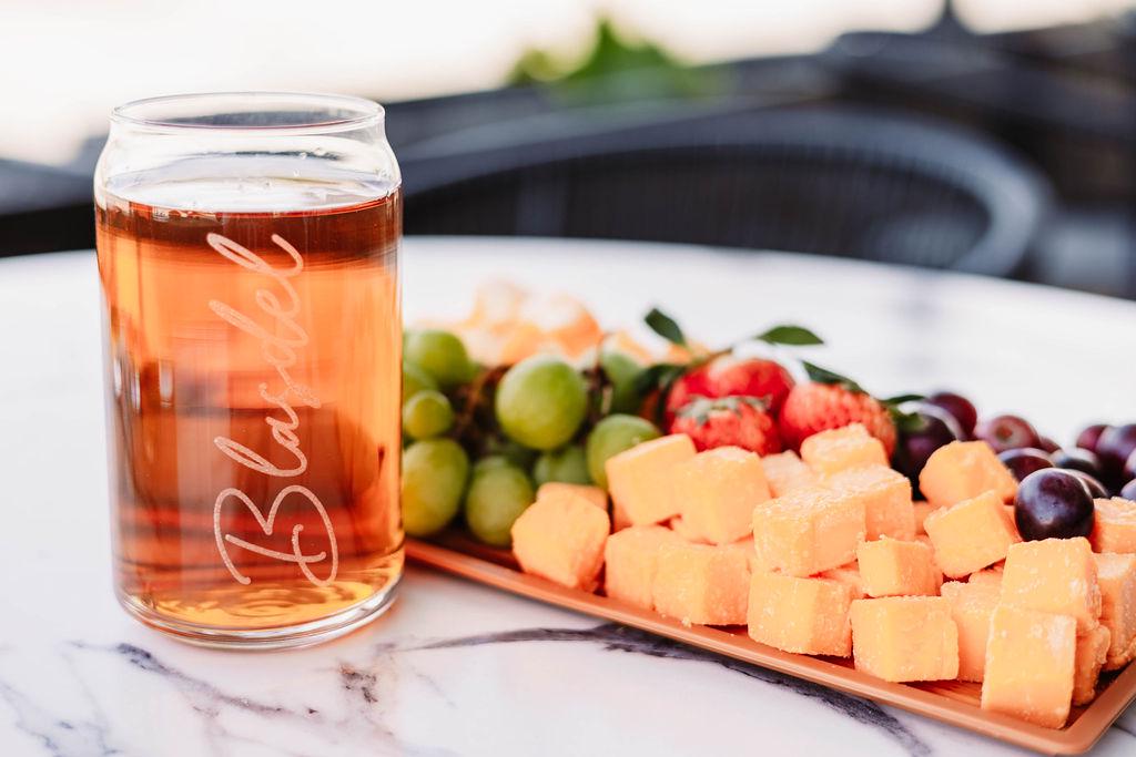 Last Name Serving Board & Can Glasses + Coasters Gift Basket