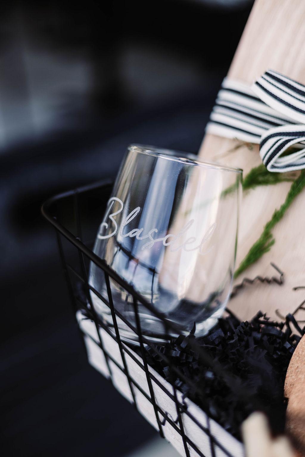 Last Name Serving Board & Wine Glasses + Coasters Gift Basket