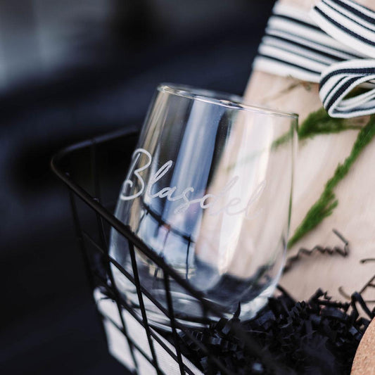 Last Name Serving Board & Wine Glasses + Coasters Gift Basket