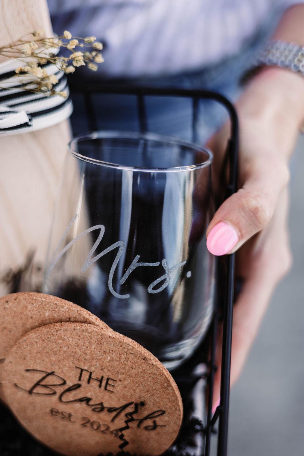 Last Name Serving Board + Mrs. Wine Glass & Mr. Rocks Glass + Coasters Gift Basket