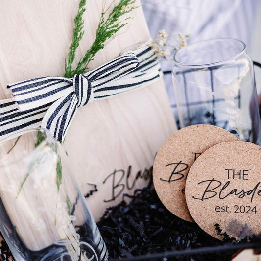 Last Name Serving Board & Can Glasses + Coasters Gift Basket