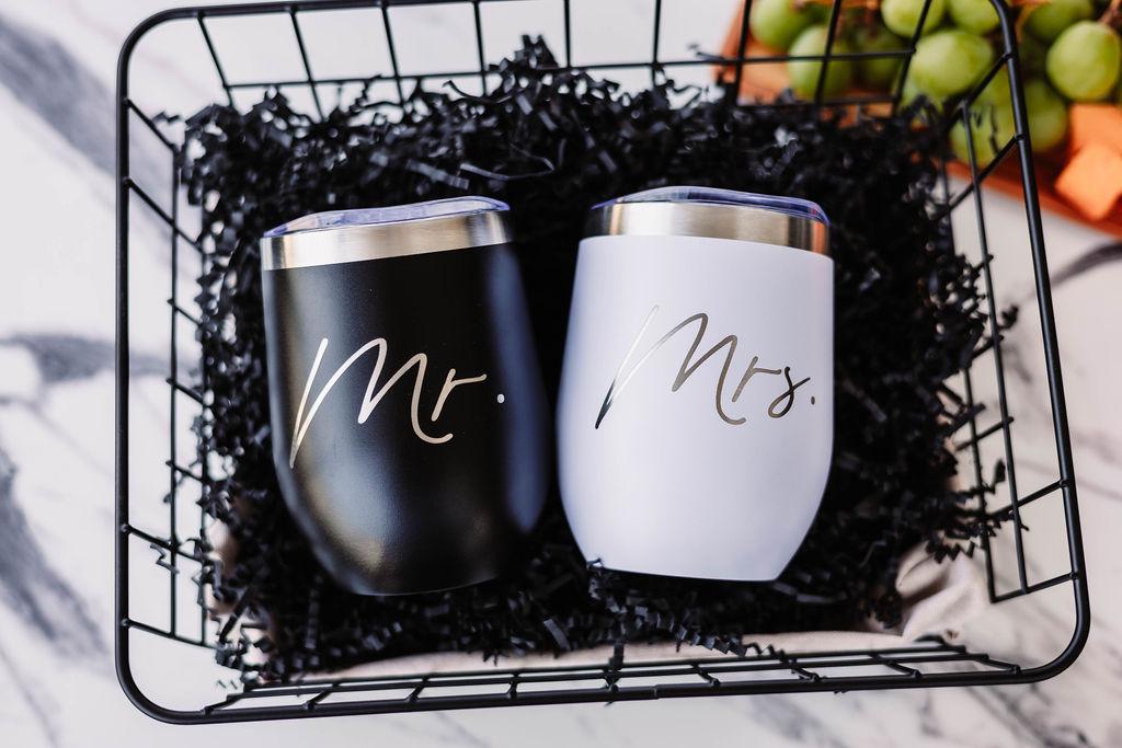 Last Name Serving Board + Mr. & Mrs. Wine Tumblers + Coasters Gift Basket