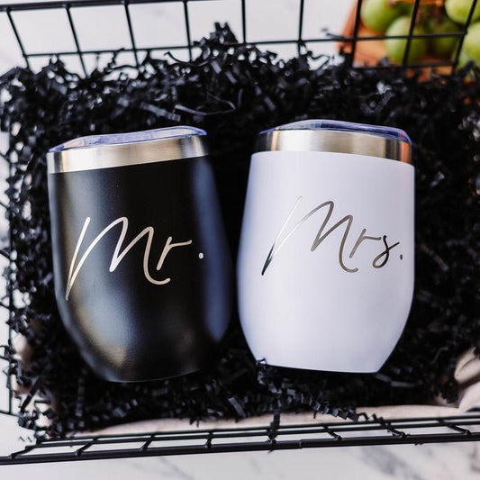 Last Name Serving Board + Mr. & Mrs. Wine Tumblers + Coasters Gift Basket