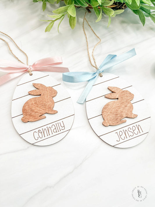 Shiplap Egg with Rabbit & Name Easter Tag
