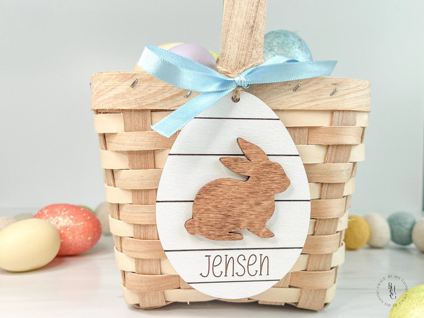 Shiplap Egg with Rabbit & Name Easter Tag