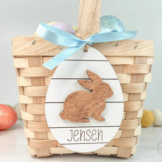 Shiplap Egg with Rabbit & Name Easter Tag