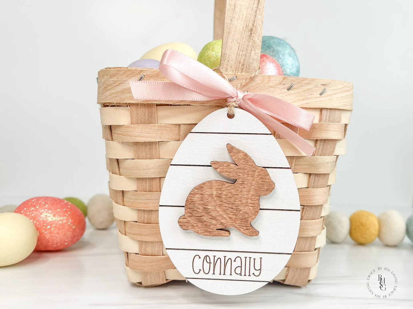 Shiplap Egg with Rabbit & Name Easter Tag