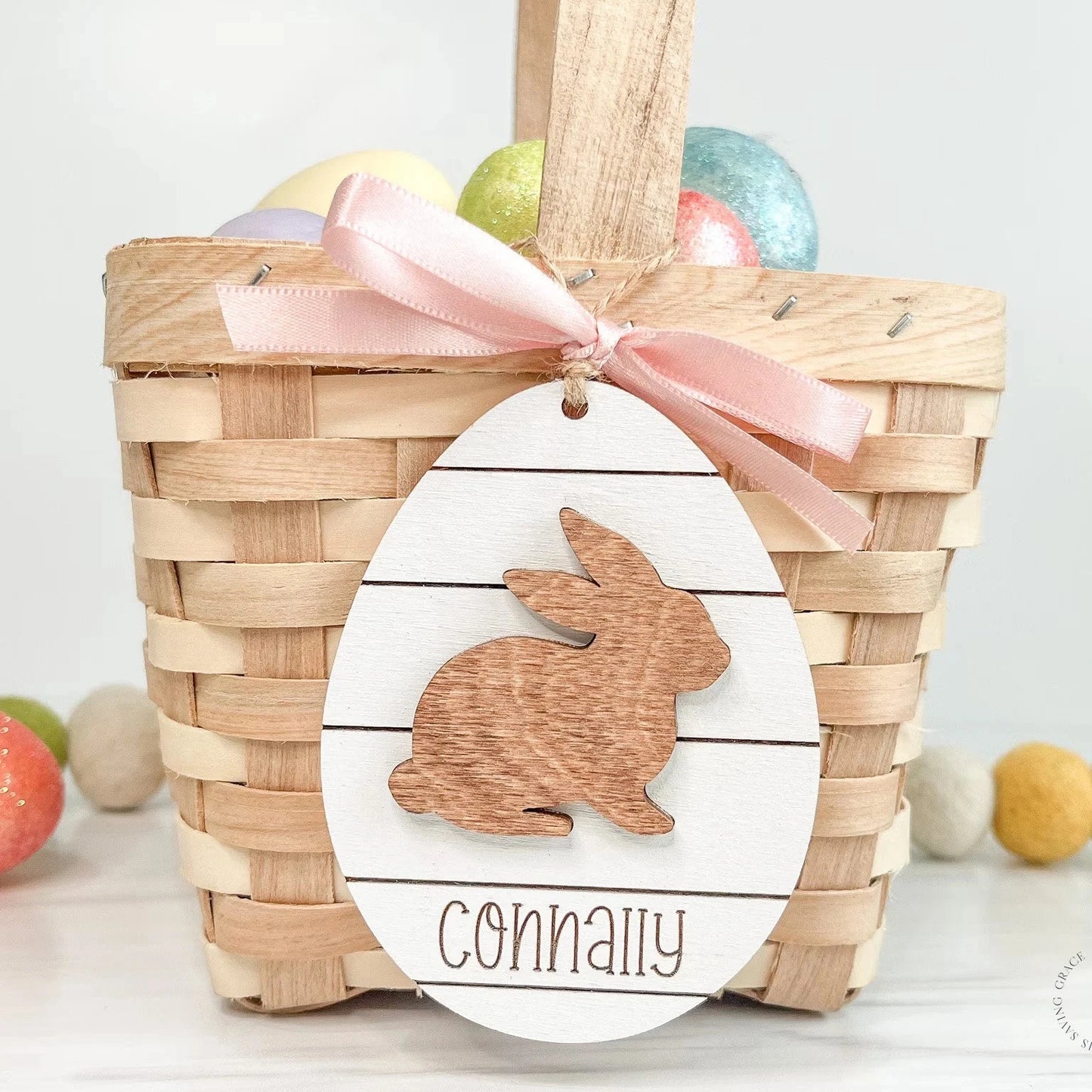 Shiplap Egg with Rabbit & Name Easter Tag