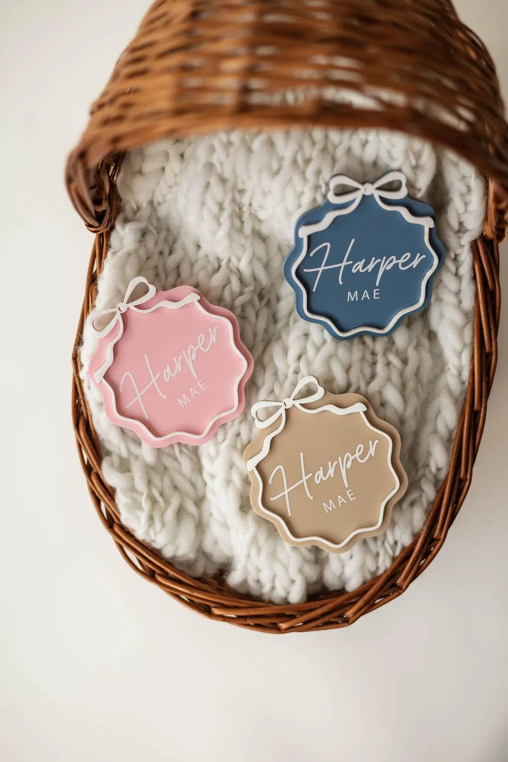Interchangeable Acrylic Bow Monthly Milestone Markers + Matching Birth Announcement Sign