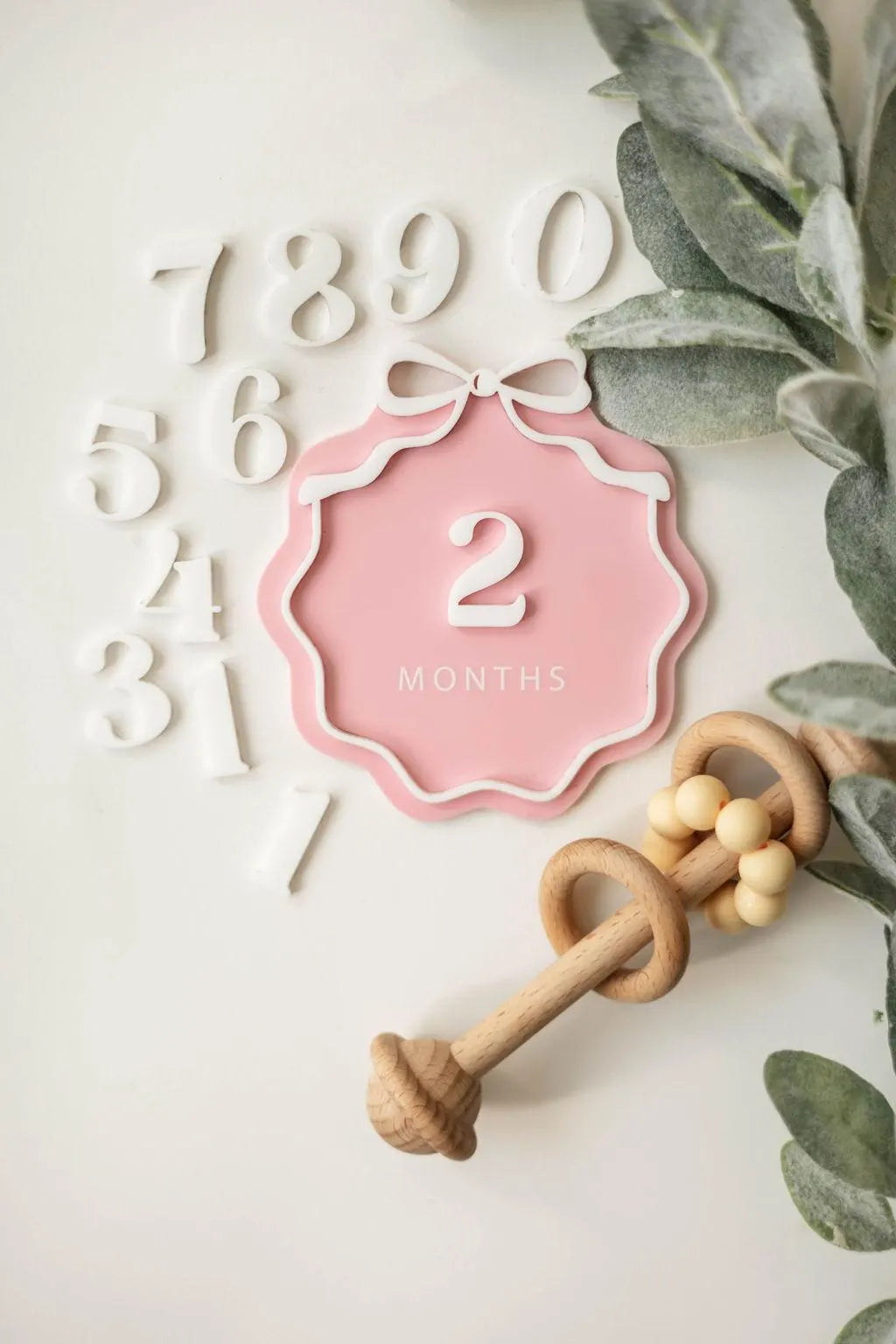 Interchangeable Acrylic Bow Monthly Milestone Markers + Matching Birth Announcement Sign