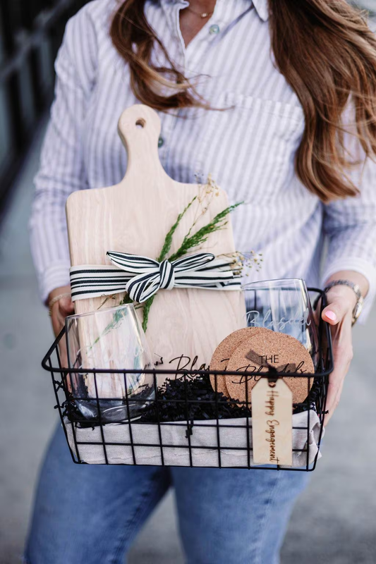 Last Name Serving Board & Wine Glasses + Coasters Gift Basket
