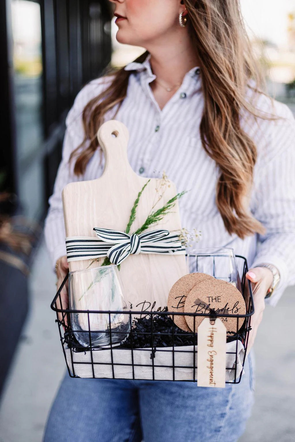 Last Name Serving Board + Mr. & Mrs. Wine Glasses + Coasters Gift Basket